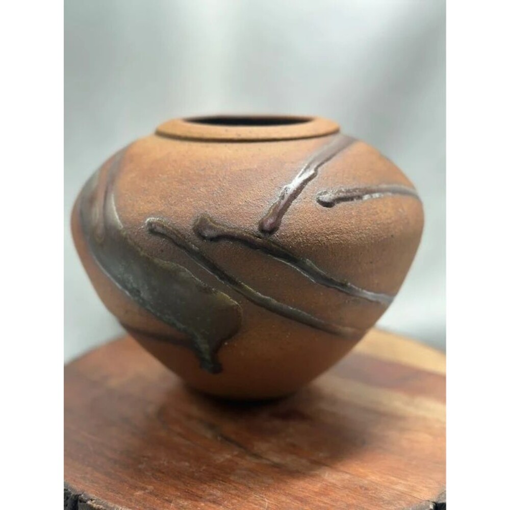 Pottery vase planter drip Glaze Signed Stoneware